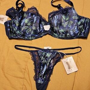 Savage X Fenty Blue and Green Leaf Print Lingerie Set